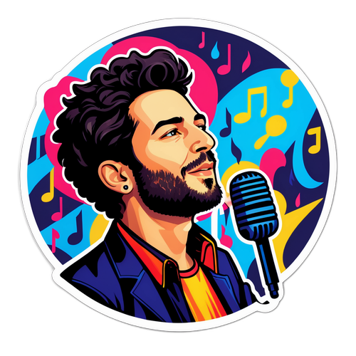 איור אומנותי של עדי הימלבלוי עם מיקרופון ותNotes מוזיקה צבעוניות סביבו