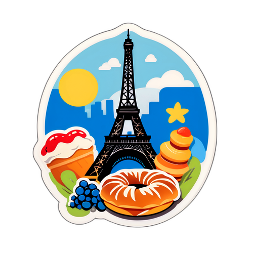 Create a whimsical sticker inspired by French culture, incorporating iconic symbols like the Eiffel Tower, croissants, and street cafes.