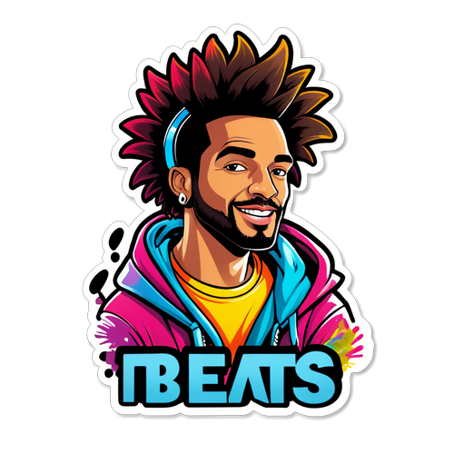 Design di un adesivo vibrante con Rocco Hunt in uno stile di street art colorato, con le parole 'Beats of the Heart'