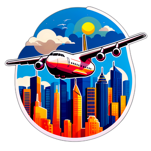 Stilisiertes Antonov-Transportflugzeug über einer Stadt mit Wolkenkratzern