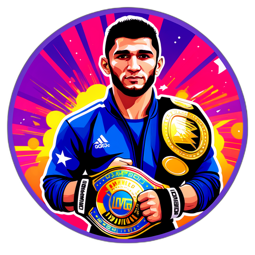 Современная наклейка с Усманом Нурмагомедовым, держащим чемпионский пояс