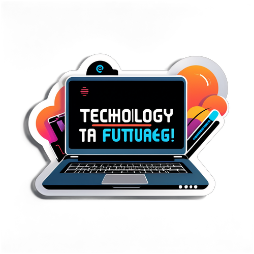 Design cu un laptop și gadgeturi, text 'Tehnologia - Viitorul ești tu!'