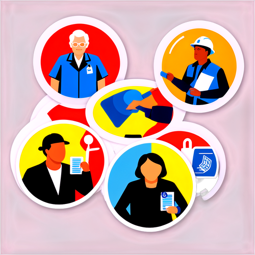 สติกเกอร์เน้นสิทธิประกันสังคมที่เข้าถึงได้ featuring images of workers