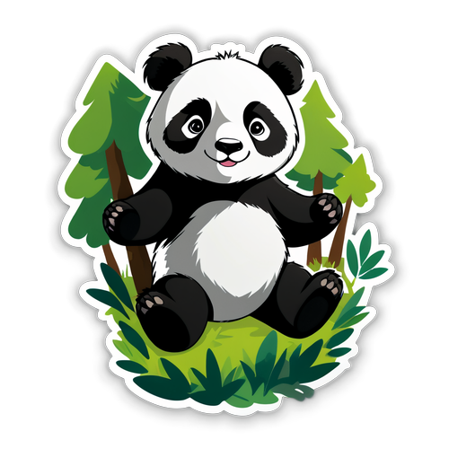 Sticker cu panda jucându-se pe fundal de pădure, simbolizând protecția mediului