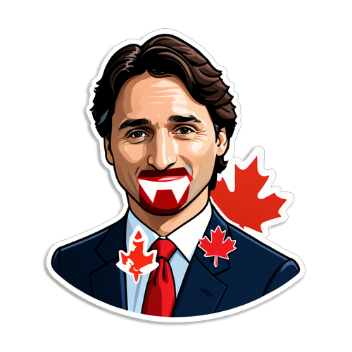 Stika yenye Justin Trudeau na nyuma ya majani ya maple