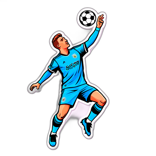 En kreativ teckning av Andreas Schjelderup som gör ett spektakulärt målskottskaste med en fotboll i luften