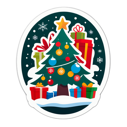 Стикер, посвященный 17 января с изображением зимнего праздника, рождественской елки и подарков под ней