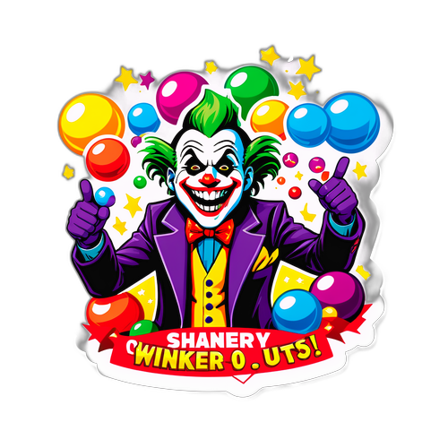 Sticker cu rezultatele loteriei joker, cu bile colorate și un câștigător fericit sărbătorind