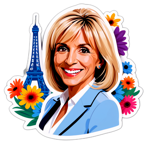 Brigitte Macron Sticker met Eiffeltoren en Kleurrijke Bloemen