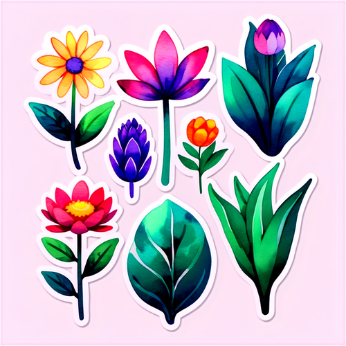 春天花卉和植物的水彩風格貼紙