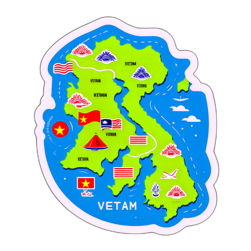 Sticker bản đồ Việt Nam với biểu tượng văn hóa nổi bật