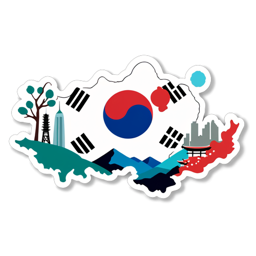 Sticker mit stilisierter Darstellung Südkoreas, einschließlich berühmter Wahrzeichen