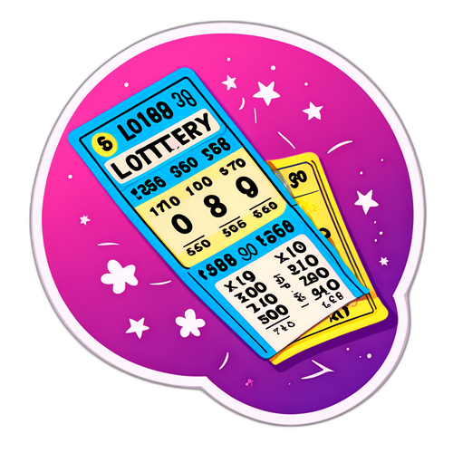 Desenho de um bilhete de loteria com números da sorte destacados e uma expressão de expectativa