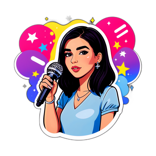 Cartoon van Dua Lipa met een microfoon