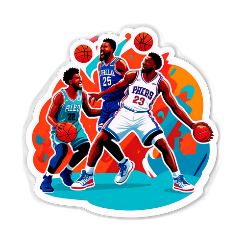 Autocollant illustrant un match de basketball passionnant entre les 76ers et les Hornets