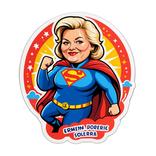En fantasifull klistremerke av Erna Solberg som superhelt