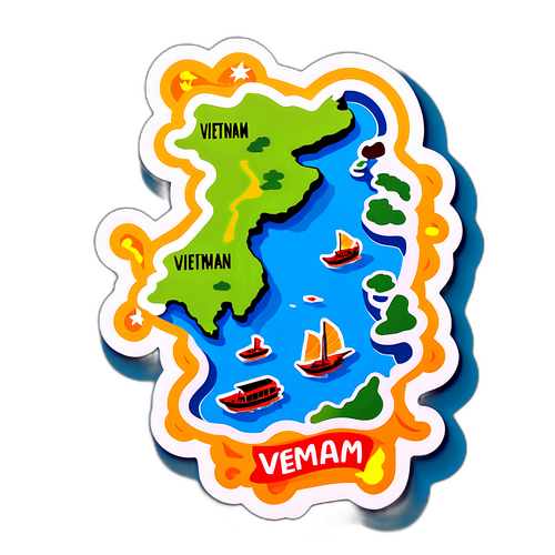 Hartă stilizată a Vietnamului cu destinații turistice celebre