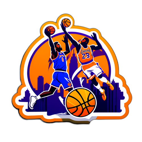 Autocollant dynamique montrant une scène de basket entre les Knicks et les Lakers
