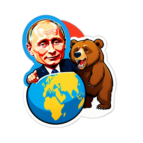 Władimir Putin w stylizowanej karykaturze z globusem i niedźwiedziem