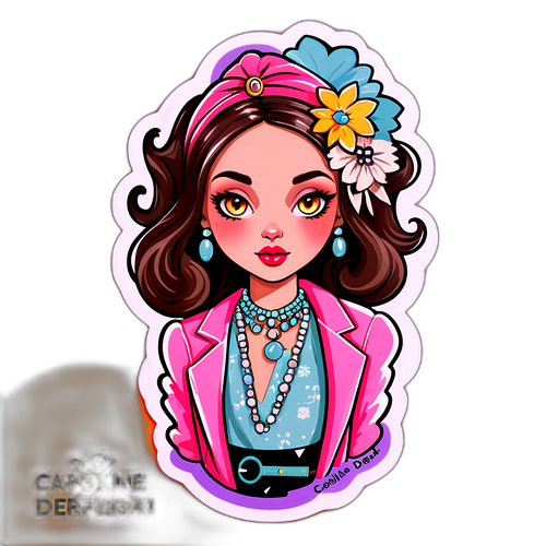 Ilustrowany naklejka przedstawiająca Caroline Derpienski z elementami mody