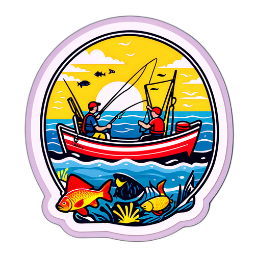 Barevná samolepka z Grimsby, s rybářskými motivy