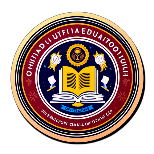 Дизайн наклейки с официальным знаком образования, окруженным книгами и образовательными предметами