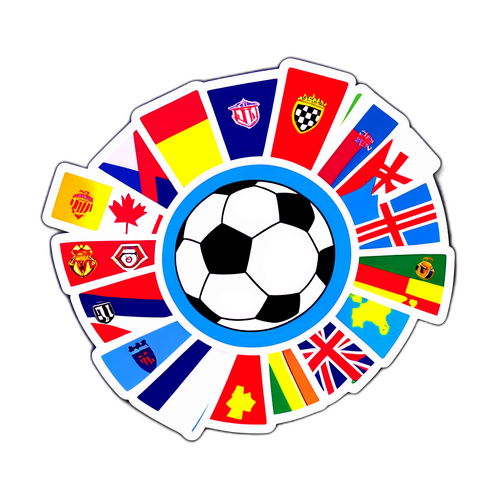Стікер із веселим футбольним м'ячем, оточеним прапорами наших клубів