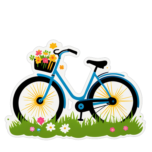 装饰有鲜花的自行车停在阳光草地上