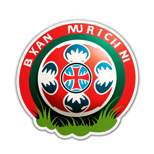 Desenho do logo do Bayern Munich com uma bola de futebol e campo verde ao fundo