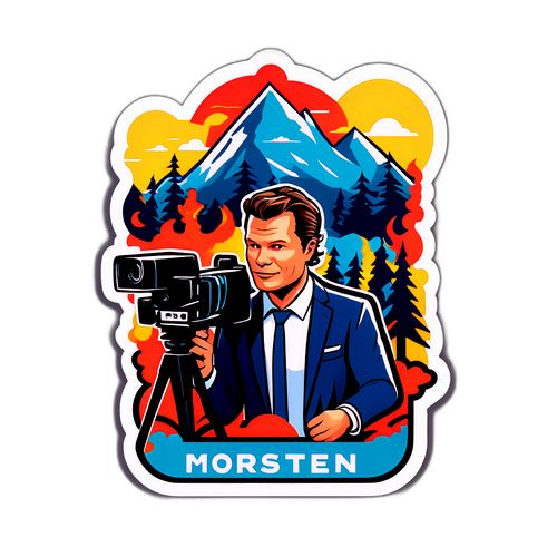 En dynamisk og kul klistremerke av Morten Hegseth som rapporterer live utendørs