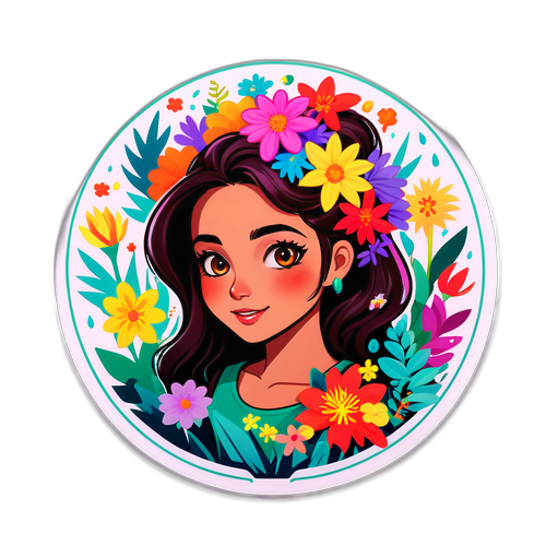 מדבקה צבעונית של עדן פיינס מוקפת בפרחים פורחים