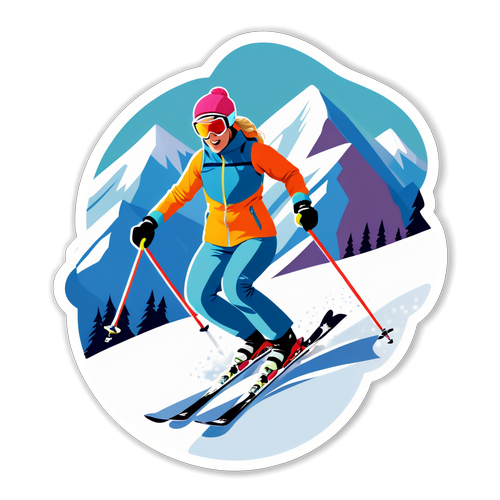 Sticker di una Sciatrice sulla Montagna Innevata