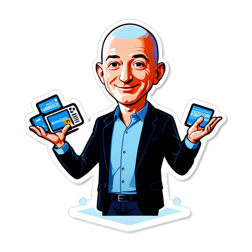 Una pegatina de la figura de Jeff Bezos rodeado de tecnología, con la frase 'Revolucionando el comercio'