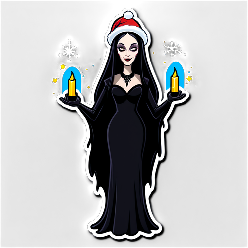 Eine festliche Morticia Addams inspirierte Figur mit Weihnachtslichtern