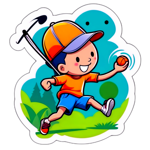 Sticker cu un personaj de desene animate inspirat de sporturi, bucurându-se de o vară activă în aer liber