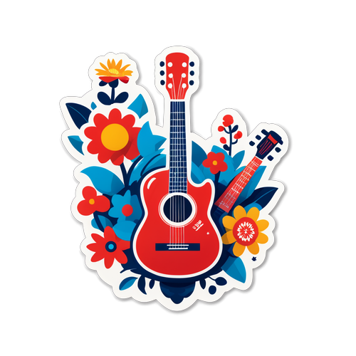 Ilustración de guitarra con elementos simbólicos del Día del Trabajo 2025