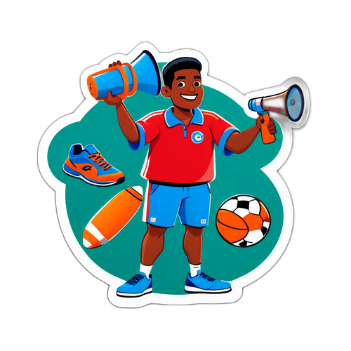 रीggie वाल्श का मजेदार कार्टून, खेल के सामान और मेगाफोन के साथ