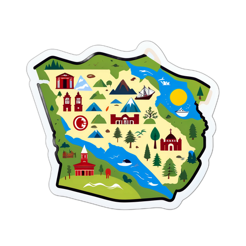 Sticker cu o hartă a Georgiei decorată cu simboluri culturale și peisaje locale