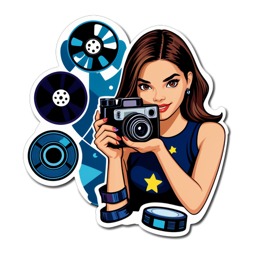 Elegantong disenyo ng sticker na nagtatampok kay Rhian Ramos gamit ang mga icon ng film reel at camera