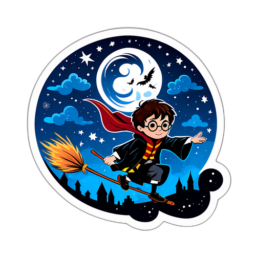 Σχεδίαση αυτοκόλλητου με τον Χάρι Πότερ που πετάει με τη σκούπα του στον νυχτερινό ουρανό