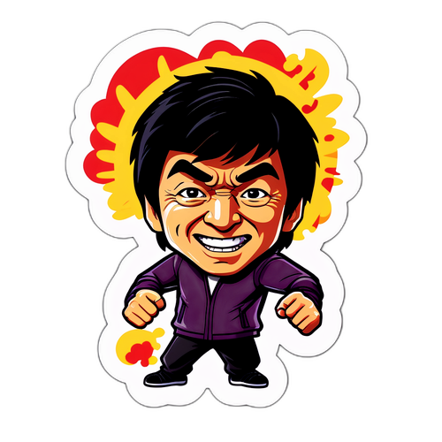 Sticker van een cartoon Jackie Chan die vecht met een glimlach