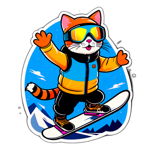 Een cartoonstijl ontwerp van een snowboardende kat