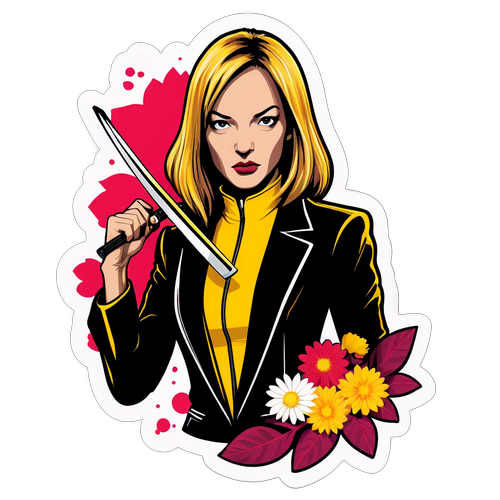 Dramatická ilustrace s femme fatale tématem "Kill Bill" a květinami