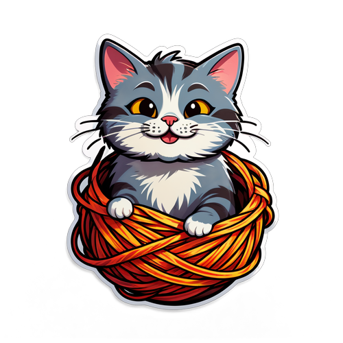 Mischievous Cat Tangled in Yarn
