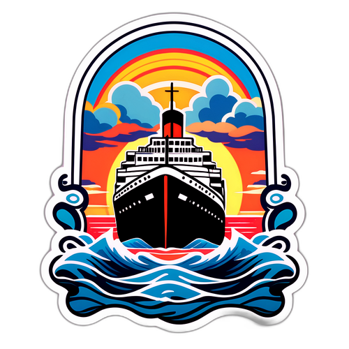 Een geanimeerde sticker van de Titanic met zeewater en een zonsondergang, met de tekst 'Blijf drijven!'