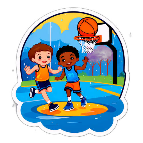 비 오는 날 농구를 하는 아이들