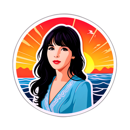 Autocollant de Nolwenn Leroy chantant au bord de la mer sous le coucher de soleil
