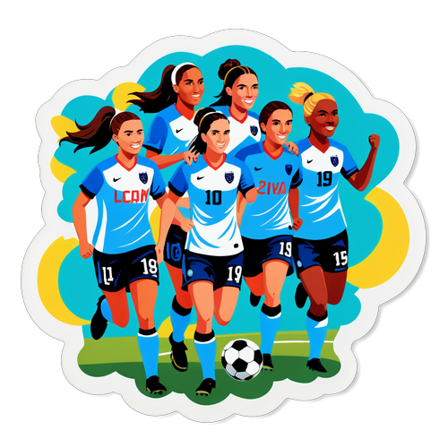 Etiqueta que representa a un equipo de fútbol femenino en acción, con textos motivacionales sobre el empoderamiento