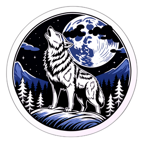 Sticker ng Likas na Tema: Ngumingisi na Wolf sa Buong Buwan