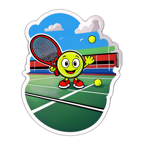 Een sticker met een cartoon tennisbaan